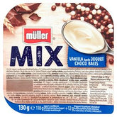 MÜLLER MIX VANILLE-JOGURT MIT MÜSSEKUGELN IN MILCH UND WEISSER SCHOKOLADE 130 G